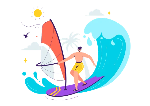 Boy standing on sailing boat while enjoying surfing  Illustration