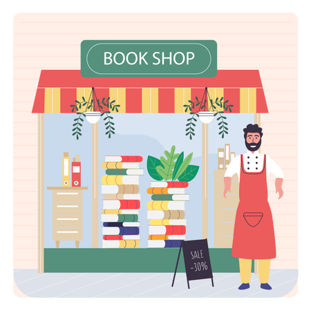 Boy standing outside book shop  Illustration