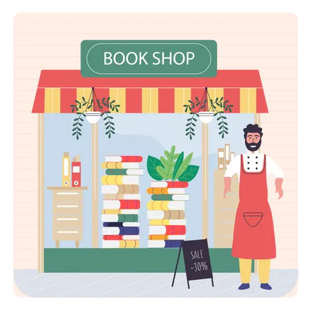 Boy standing outside book shop  Illustration