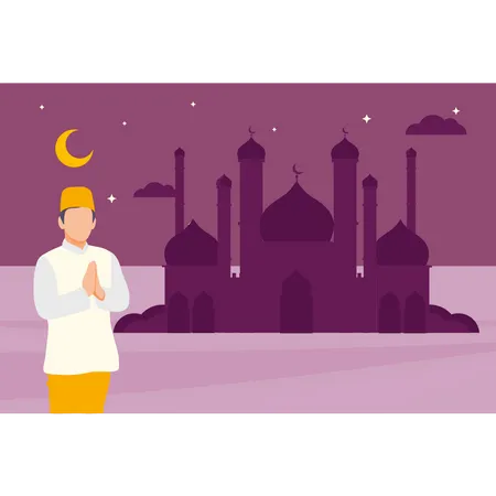 Boy standing outside mosque  Illustration