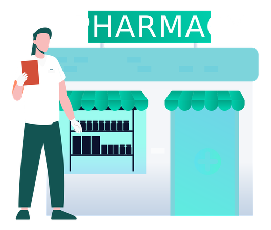 Boy Standing Outside Pharmacy  Illustration