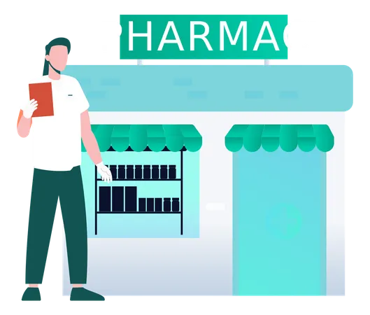 The Boy Is Standing Outside The Pharmacy Illustration