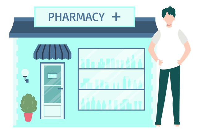 Boy Standing Outside The Pharmacy  Illustration