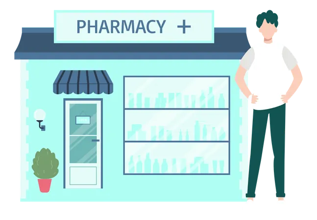 The Boy Is Standing Outside The Pharmacy Illustration