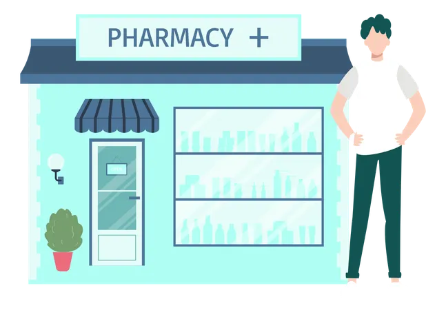 Boy Standing Outside The Pharmacy  Illustration