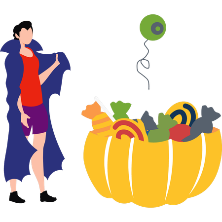 Boy standing with a basket of Halloween candy  Illustration