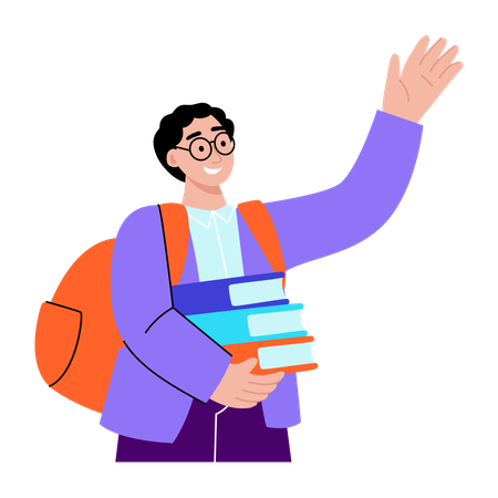 Boy standing with book raising hand  Illustration
