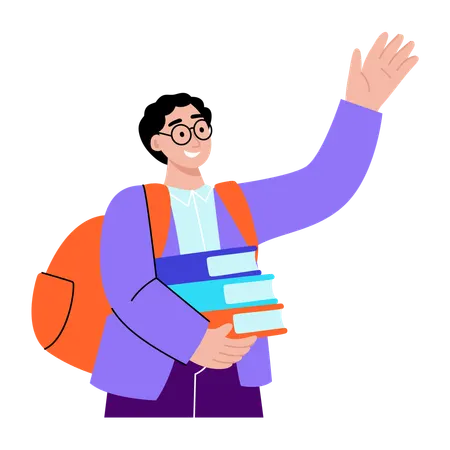 Boy standing with book raising hand  Illustration