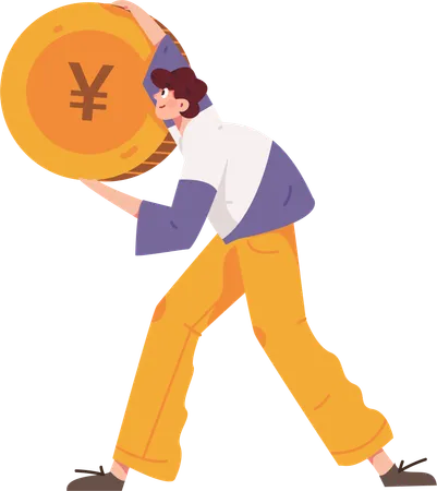 Boy standing with chinese coin  Illustration