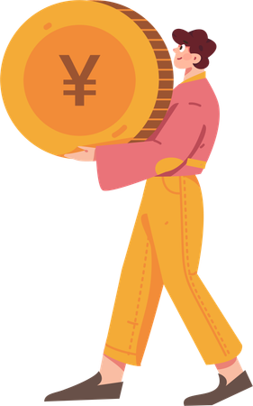 Boy standing with chinese coin  Illustration