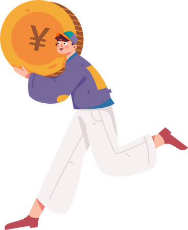 Boy standing with chinese coin  Illustration