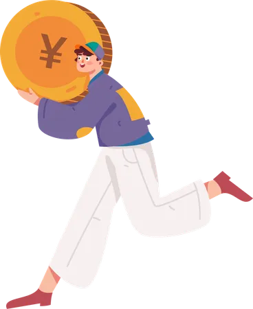 Boy standing with chinese coin  Illustration