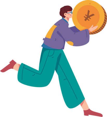 Boy standing with chinese coin  Illustration