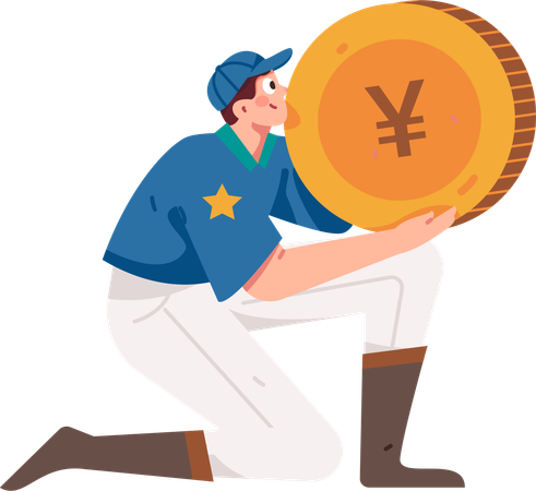 Boy standing with chinese coin  Illustration