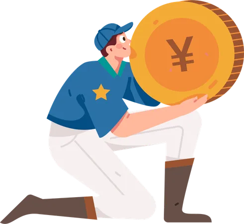 Boy standing with chinese coin  Illustration