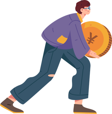 Boy standing with chinese coin  Illustration