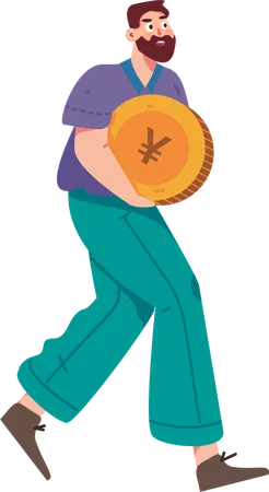 Boy standing with chinese coin  Illustration