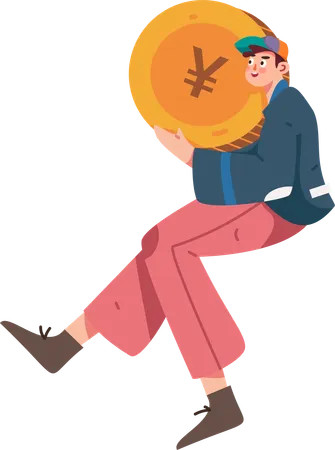 Boy standing with chinese coin  Illustration