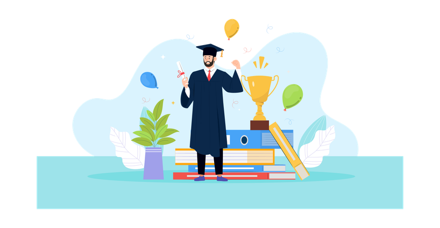 Boy standing with degree while wearing graduation cap and robe  Illustration