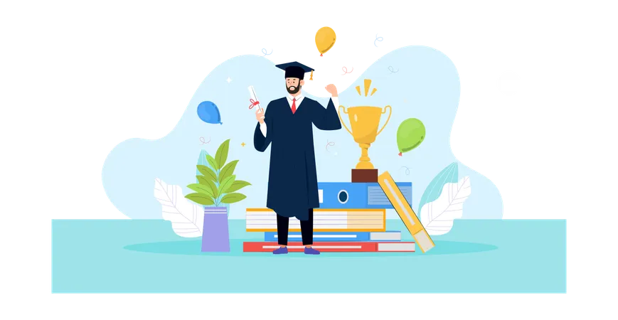 Boy standing with degree while wearing graduation cap and robe  Illustration