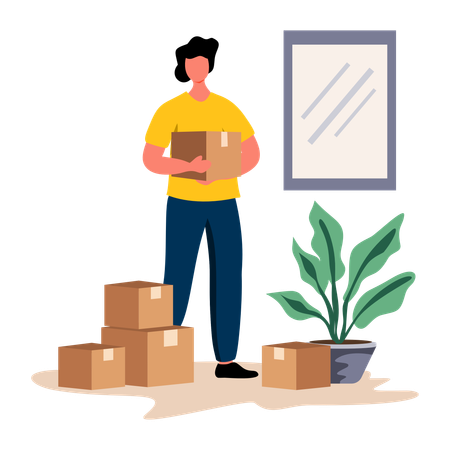 Boy standing with delivery boxes  Illustration