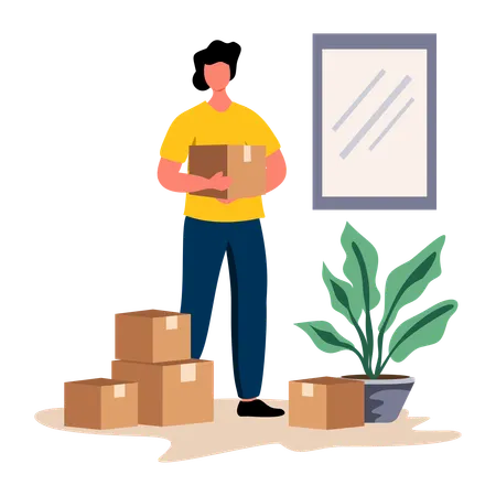 Boy standing with delivery boxes  Illustration