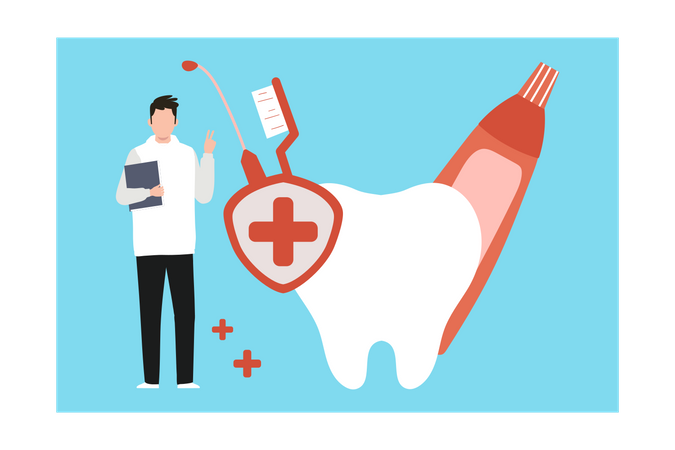 Boy standing with dental report  Illustration