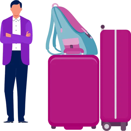 Boy standing with luggage  Illustration