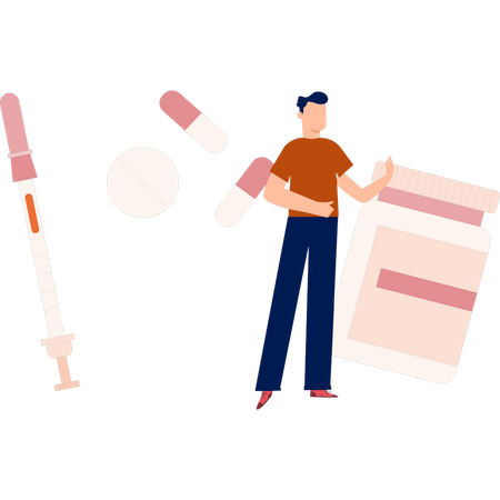 Boy standing with medicines  Illustration