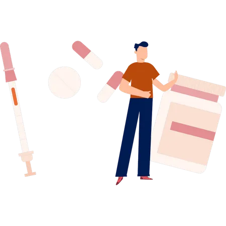 Boy standing with medicines  Illustration