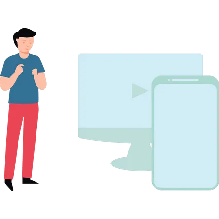 Boy Standing With Monitor And Mobile Device Illustration