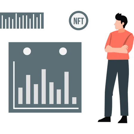 Boy standing with NFT token  Illustration