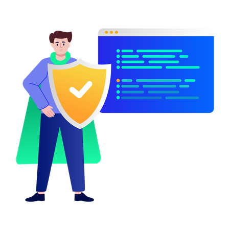 Boy standing with security shield  Illustration