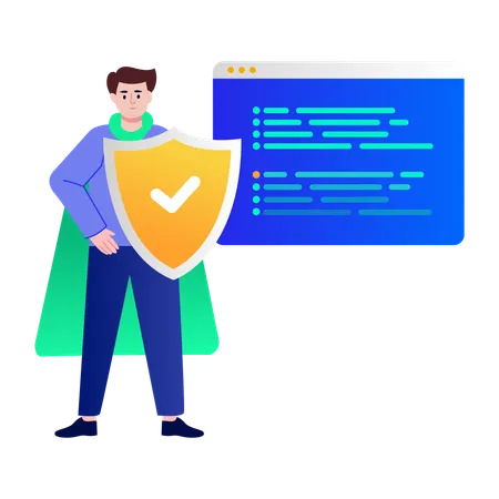 Boy standing with security shield  Illustration