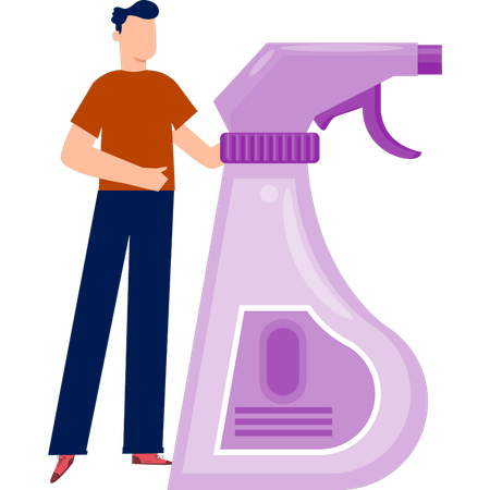 Boy standing with spray bottle  Illustration