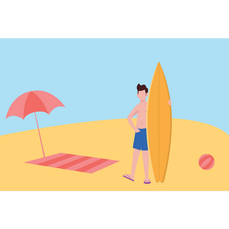 Boy standing with surfboard Illustration
