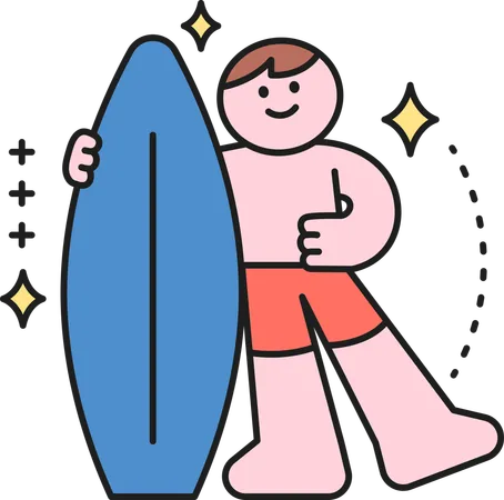 Boy standing with surfing board  Illustration