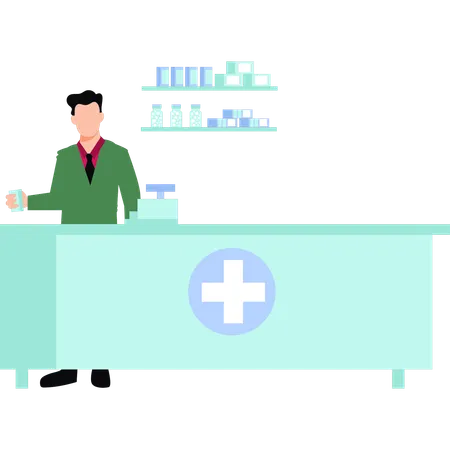 A Boy Stands At The Reception Of A Pharmacy Illustration