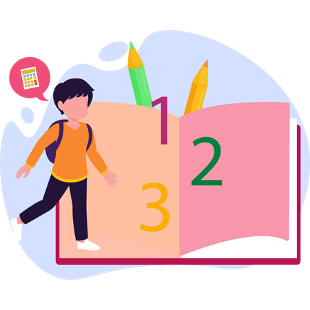 Boy stands beside a book covered in numbers looking curious and engaged  Illustration