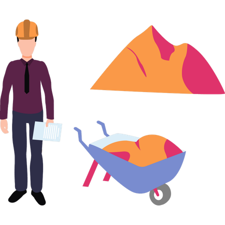 Boy stands by a wheelbarrow  Illustration