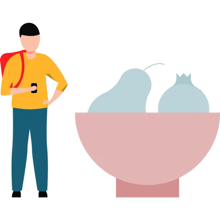 A Boy Stands By A Bowl Of Fruit Illustration