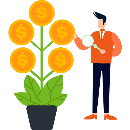 Boy stands by dollar plant  Illustration