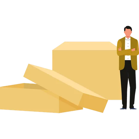 A Boy Stands By Shipping Packages Illustration