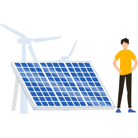 Boy stands by solar  Illustration