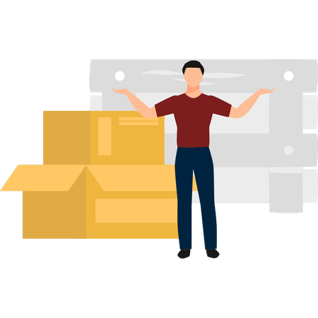 Boy stands by the open boxes  Illustration
