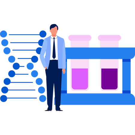 Boy stands in front of test tubes  Illustration