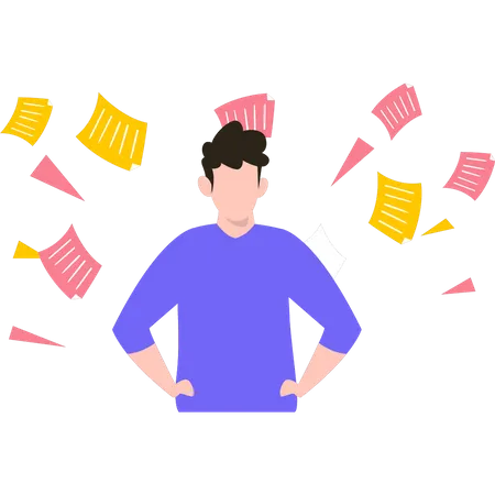 Boy stands in papers  Illustration