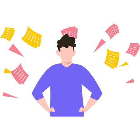 Boy stands in papers  Illustration