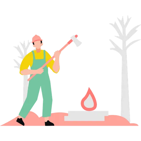 A Boy Stands Near A Bonfire With An Axe Illustration