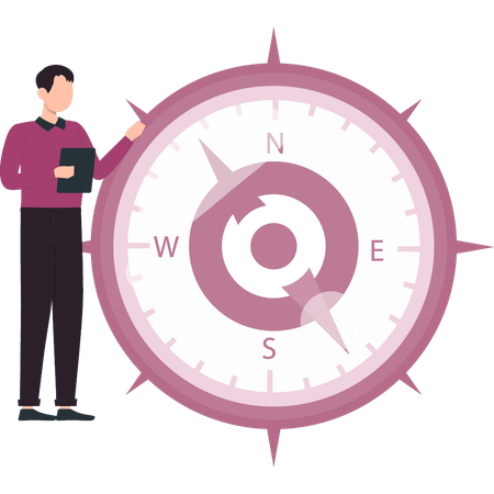 Boy stands near the cardinal compass  Illustration